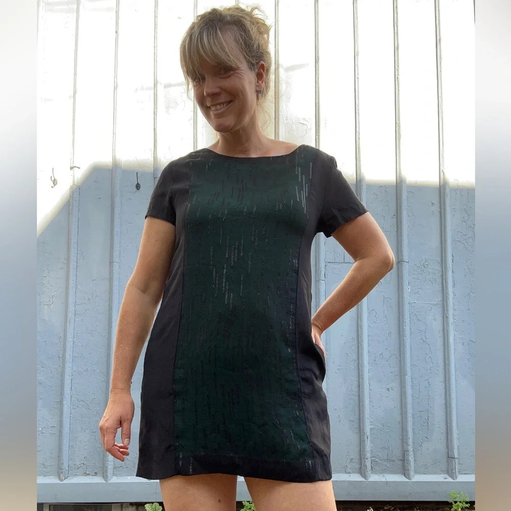 rag & bone Green &  Black Silk Metallic Shift Dress, size 10
